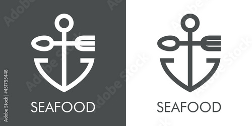 Logotipo con texto Seafood con silueta de ancla de barco con cubiertos con lineas en fondo gris y fondo blanco