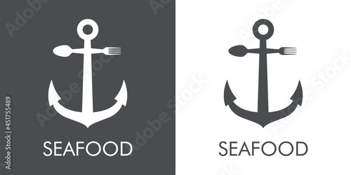 Logotipo con texto Seafood con silueta de ancla de barco con cubiertos con lineas en fondo gris y fondo blanco