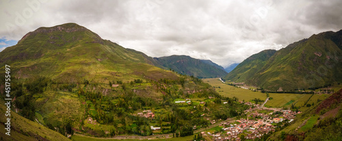 Aerial Landscape panoramic view to Urubamba river and sacred valley from Taray viewpoint near Pisac, Cuzco, Peru © homocosmicos
