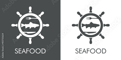 Logotipo con texto Seafood con silueta de timón de barco con salmón y tenedor y cuchillo en fondo gris y fondo blanco