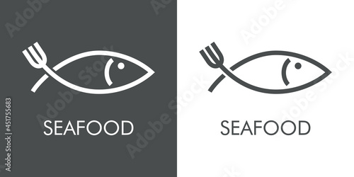 Logotipo con texto Seafood con silueta de pez con forma de tenedor con lineas en fondo gris y fondo blanco