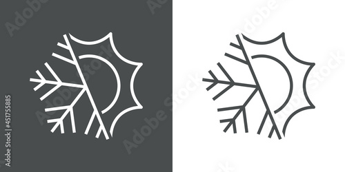 Logotipo climatización. Icono con silueta de copo de nieve y sol con lineas en fondo gris y fondo blanco
