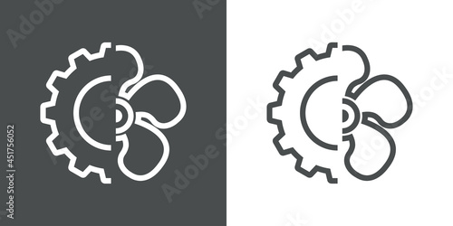 Símbolo aire acondicionado. Icono plano silueta de ventilador con engranaje con lineas en fondo gris y fondo blanco