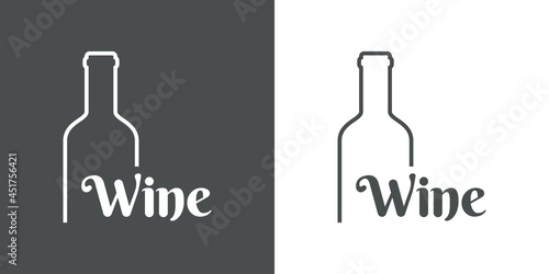 Logotipo con texto Wine en silueta de botella de vino con lineas en fondo gris y fondo banco