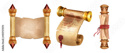 Old parchment paper scroll vector illustration set, ancient papyrus document letter isolated on white. Antique vintage manuscript roll, medieval empty page, royal diploma. Game old parchment clipart