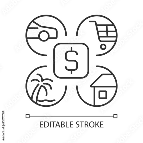 Budgeting linear icon. Split money for monthly plan. Living expenditure. Financial literacy. Thin line customizable illustration. Contour symbol. Vector isolated outline drawing. Editable stroke