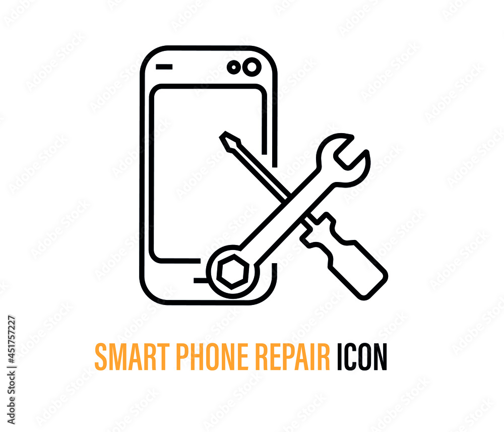 Wrench and screwdriver and icon on smartphone screen. smartphone inspection concept, phone repair sign on white background, mobile setting icon in outline style for web design. Vector graphics.