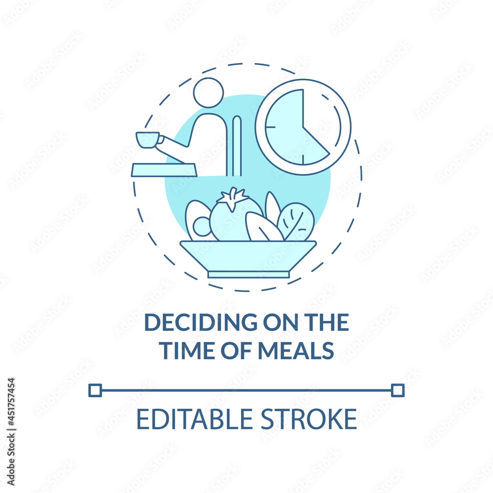 Deciding on time of meals blue concept icon. Eating schedule abstract idea thin line illustration. Meal planning. Regular eating. Vector isolated outline color drawing. Editable stroke Deciding on time of meals blue concept icon. Eating schedule abstract idea thin line illustration. Meal planning. Regular eating. Vector isolated outline color drawing. Editable stroke