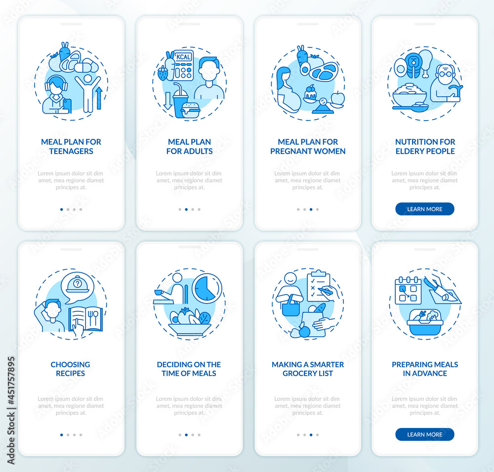 Meal plan and dieting related blue onboarding mobile app page screen set. Walkthrough 4 steps graphic instructions with concepts. UI, UX, GUI vector template with linear color illustrations