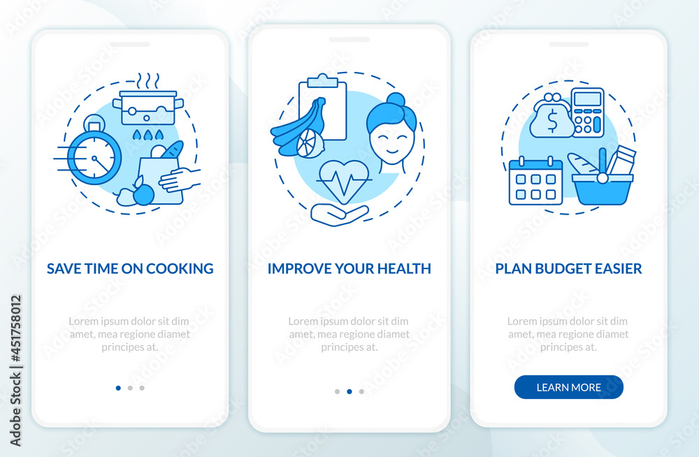 Reasons for meal planning blue onboarding mobile app page screen ...