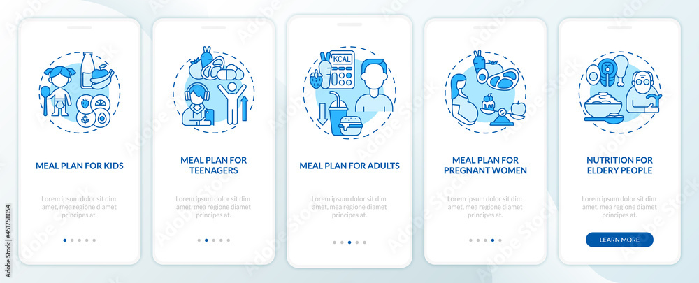 Meal plan for different age groups blue onboarding mobile app page screen. Walkthrough 5 steps graphic instructions with concepts. UI, UX, GUI vector template with linear color illustrations Meal plan for different age groups blue onboarding mobile app page screen. Walkthrough 5 steps graphic instructions with concepts. UI, UX, GUI vector template with linear color illustrations