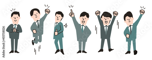 様々なポーズで喜ぶビジネスマン6人のイラスト