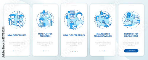 Meal plan for different age groups blue onboarding mobile app page screen. Walkthrough 5 steps graphic instructions with concepts. UI, UX, GUI vector template with linear color illustrations