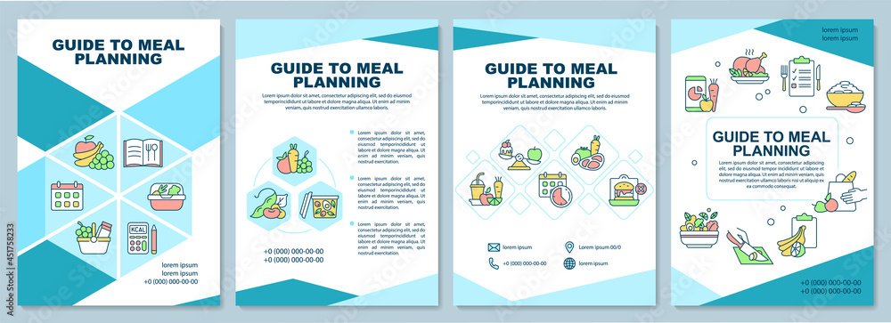 Guide to meal planning brochure template. Making menu tips. Flyer, booklet, leaflet print, cover design with linear icons. Vector layouts for presentation, annual reports, advertisement pages