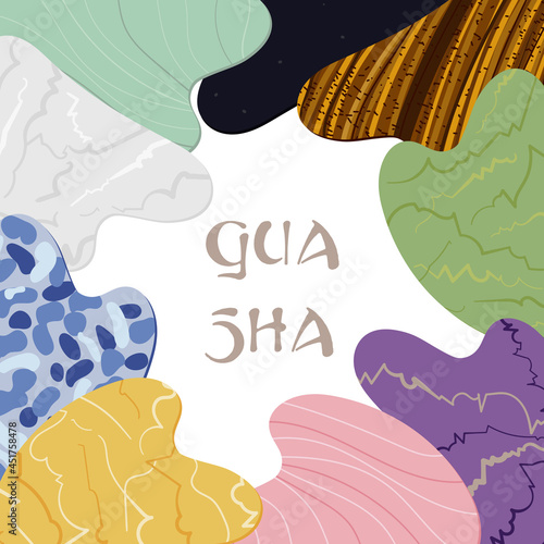 Frame of gua sha scraping massage tools. Different gua sha stones are made of quartz, aventurine, jade, sodalite, amethyst. Home beauty skin care routine. Hand drawn vector illustration.