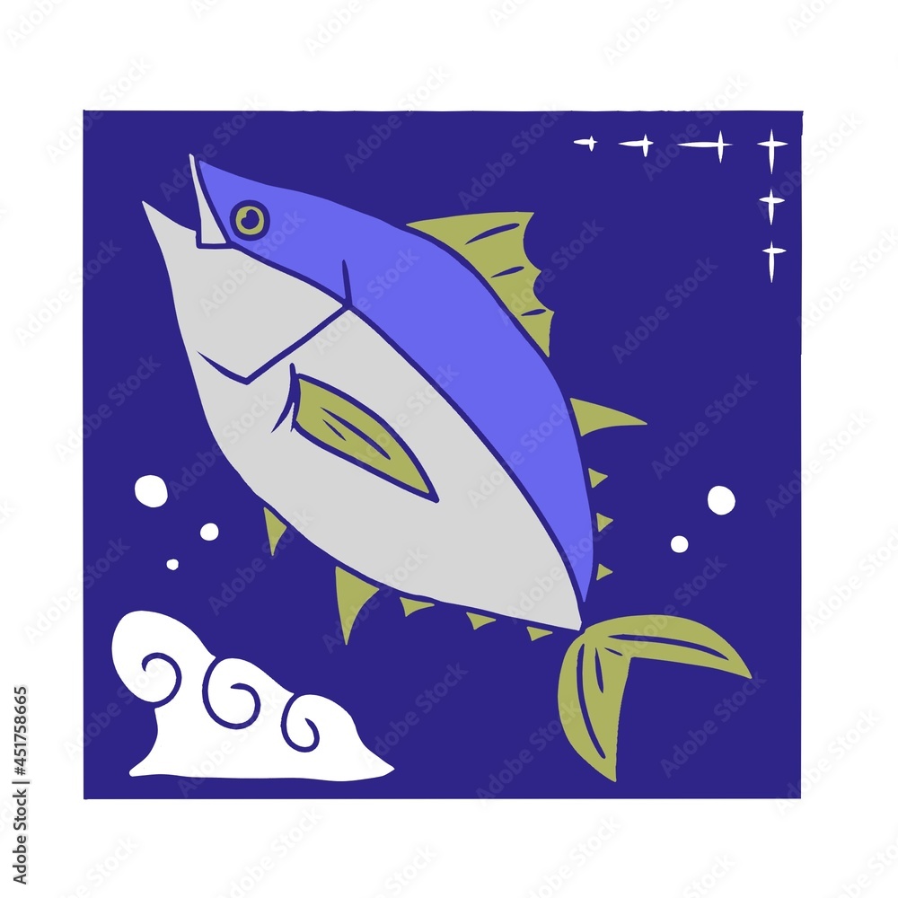 青背景切り絵風マグロイラスト Stock Illustration Adobe Stock