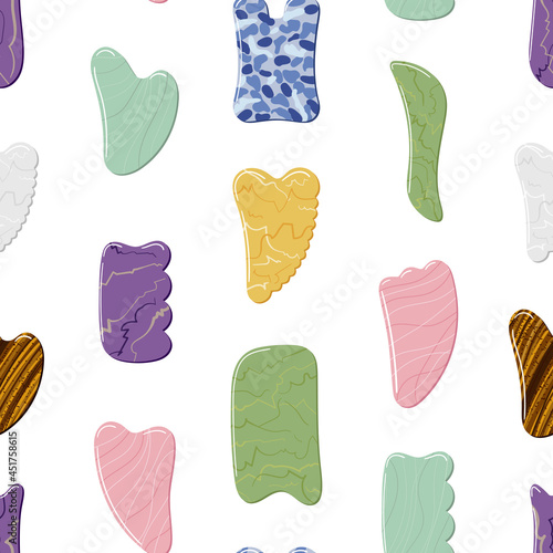 Seamless pattern of gua sha scraping massage tools. Different gua sha stones are made of quartz, jade, aventurine, jade, amethyst. Home beauty skin care routine. Hand drawn vector illustration.