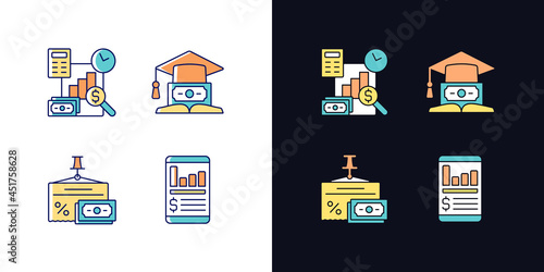 Investment light and dark theme RGB color icons set. Education loan. Money management. Financial literacy. Isolated vector illustrations on white and black space. Simple filled line drawings pack