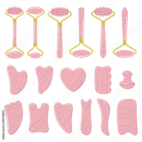 Big set of different gua sha stones and rollers are made of rose quartz. Facial gua sha scraping massage tools. Home beauty routine, Chinese skin care concept. Hand drawn vector illustration.