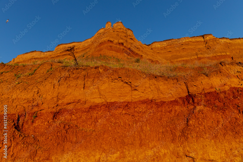 Geology. Desert landscape. Panorama view of the sandstone formation, the rocky cliffs, sand. Background or texture of sandy cliff on the coast, orange limestone