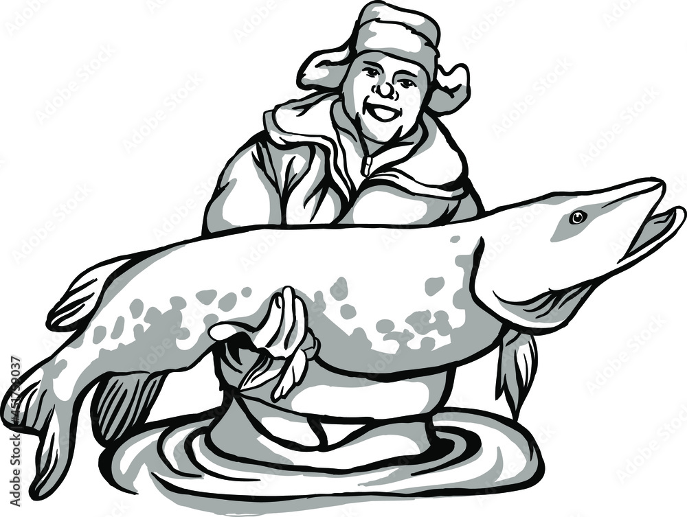 Fisherman catches fish, fisherman with catch, black and white drawing Stock  Vector