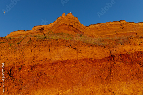 Geology. Desert landscape. Panorama view of the sandstone formation, the rocky cliffs, sand. Background or texture of sandy cliff on the coast, orange limestone