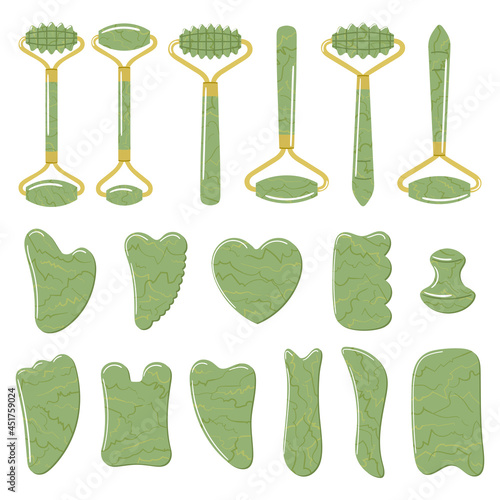Big set of different gua sha stones and rollers are made of green jade. Facial gua sha scraping massage tools. Home beauty routine, Chinese skin care concept. Hand drawn vector illustration.