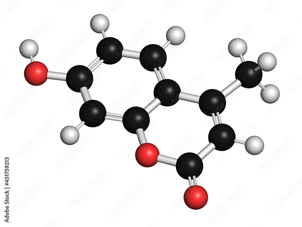Hymecromone drug molecule, illustration Hymecromone drug molecule, illustration