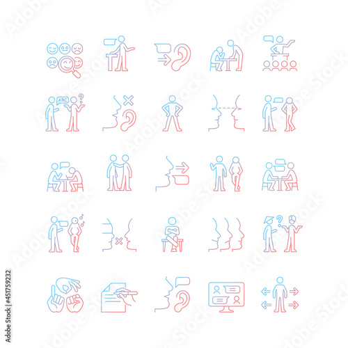 Communication channel gradient linear vector icons set. Body language. Language barriers. Eye contact. Message receiver. Thin line contour symbols bundle. Isolated outline illustrations collection