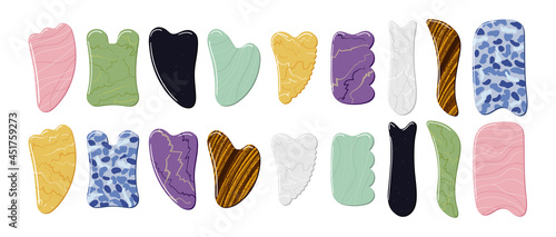 Big set of different gua sha stones are made of quartz, aventurine, jade, amethyst, sodalite. Facial gua sha massage tools. Home beauty routine, Chinese skin care. Hand drawn vector illustration.