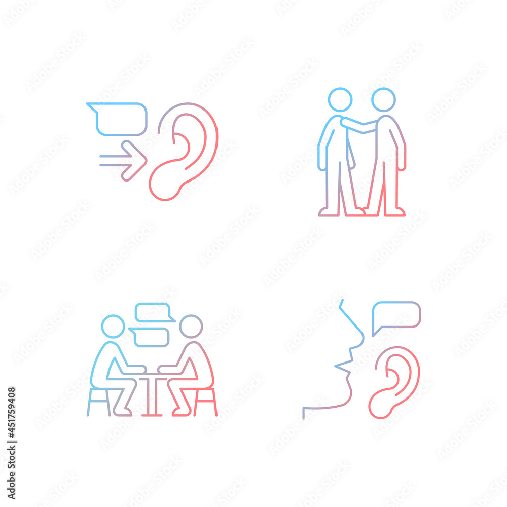 Verbal and nonverbal communication gradient linear vector icons set. Message receiver. Personal touch. Active listening. Thin line contour symbols bundle. Isolated outline illustrations collection Verbal and nonverbal communication gradient linear vector icons set. Message receiver. Personal touch. Active listening. Thin line contour symbols bundle. Isolated outline illustrations collection