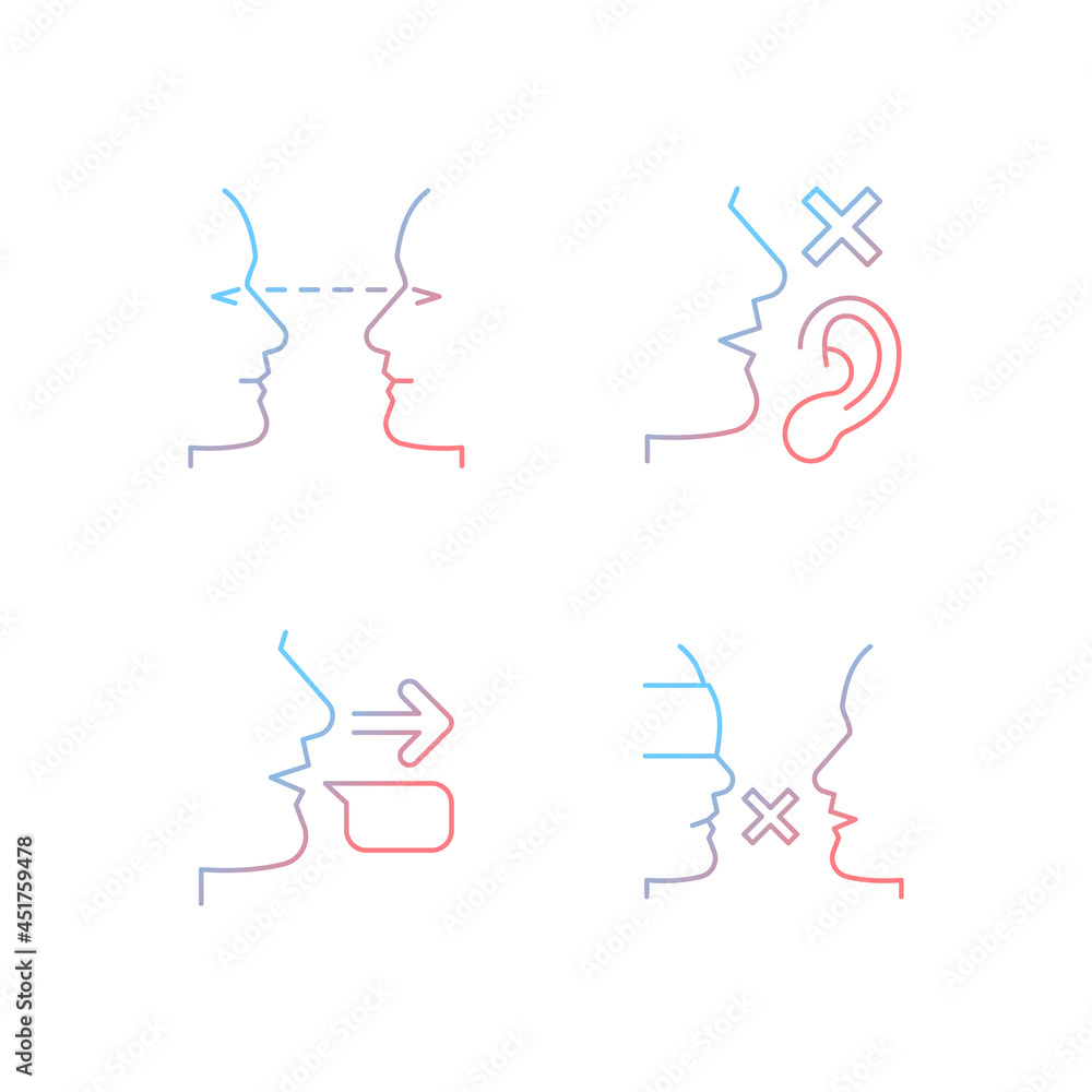 Improve everyday communication gradient linear vector icons set. Eye contact. Language disabilities. Message sender. Thin line contour symbols bundle. Isolated outline illustrations collection Improve everyday communication gradient linear vector icons set. Eye contact. Language disabilities. Message sender. Thin line contour symbols bundle. Isolated outline illustrations collection