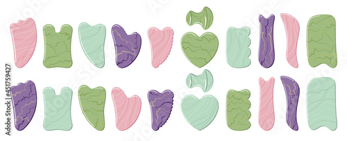Big set of different gua sha stones are made of quartz, aventurine, jade, amethyst. Facial gua sha scraping massage tools. Home beauty routine, Chinese skin care. Hand drawn vector illustration.