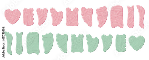 Big set of different gua sha stones are made of rose quartz and green aventurine. Facial gua sha scraping massage tools. Home beauty routine. Chinese skin care. Hand drawn vector illustration.