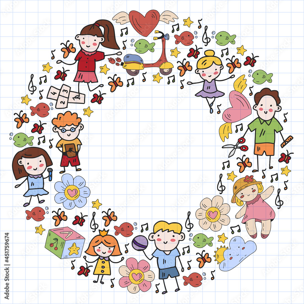 Children play with toys in the kindergarten. Kids playground. Education, creativity, imagination. Children play with toys in the kindergarten. Kids playground. Education, creativity, imagination.