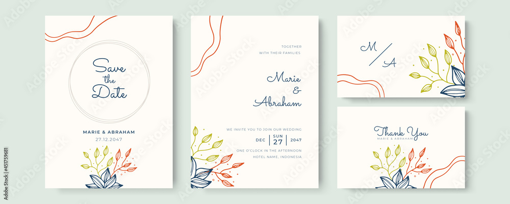 Obraz premium Minimalist botanical wedding invitation card template design, lemon orange pastel spring on blue and white, vintage style
