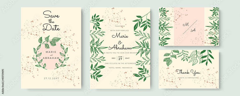 Modern wedding invitation template with green outline leaves. Minimalist wedding invitation card template design, floral brown line art ink drawing bouquet decorated on line frame on pastel color