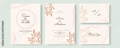 Elegant wedding invitation card leaves. Minimalist wedding invitation card template design, floral black line art ink drawing with square frame on light grey, brown, pink, blue
