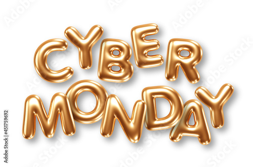 Phrase Cyber Monday gold foil balloons isolated on white background. Vector illustration