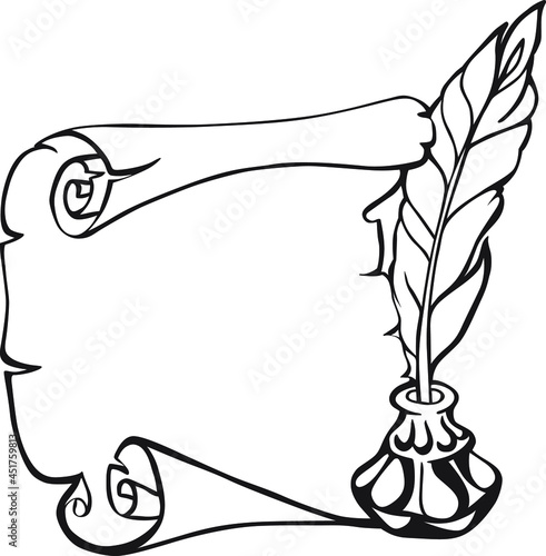 Scroll of paper, feather and inkwell in vintage sketch style. Hand drawn vector illustration.