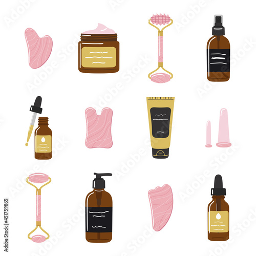Big set of organic skin care products, face oil, gua sha stones, rollers are made of rose quartz. Home beauty skin care routine. Hand drawn vector illustration.