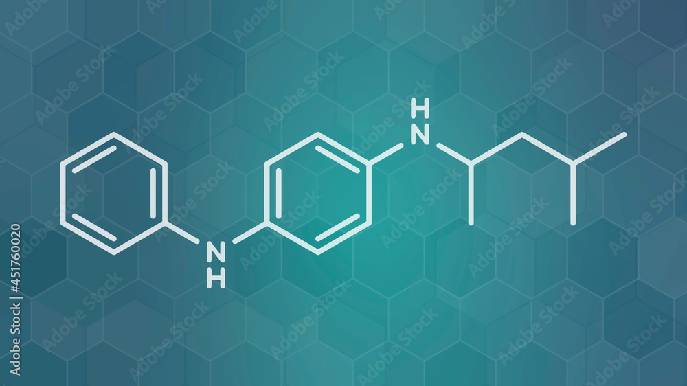 6PPD rubber additive molecule, illustration 6PPD rubber additive molecule, illustration