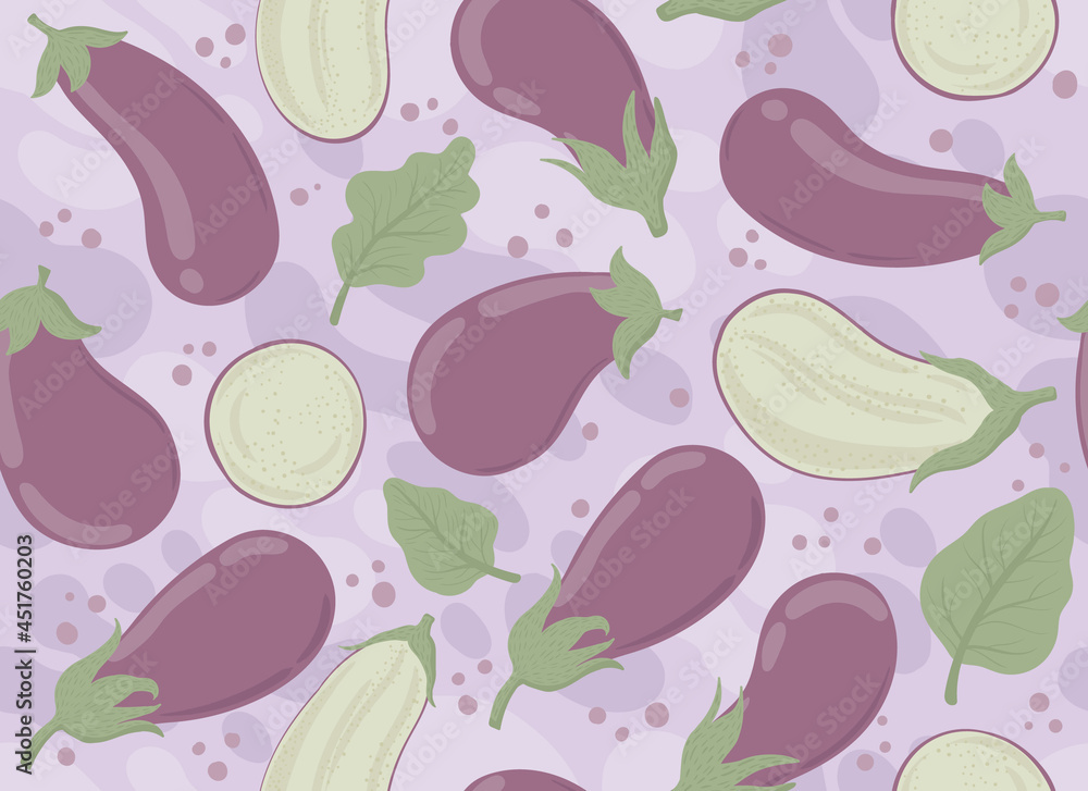 Vector seamless pattern with eggplant. Plant decor for printing food labels, fabrics, food, paper.