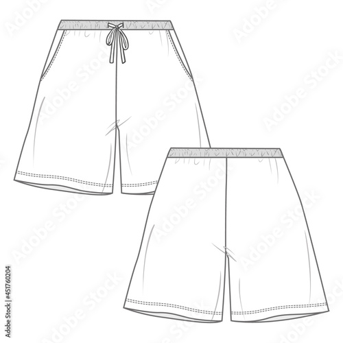 Ladies Shorts Pant fashion flat sketch vector Illustration template front and back view. Technical Drawing apparel dress design short pant  mock up.