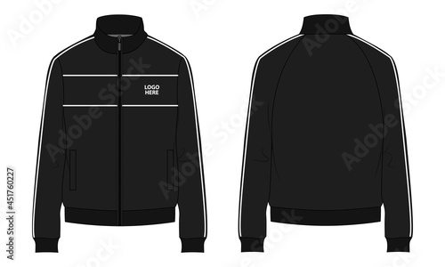 Long sleeve Fleece jacket with zipper technical fashion sketch vector template front and back view. Sweat Jacket mock up for men's. Apparel design illustration CAD. Jacket design vector illustration.