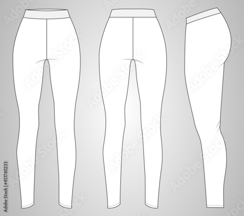 Slim fit Leggings pants fashion flat sketch vector illustration template front, back and side view isolated on white background. Girls Long Legging mock up for Women's unisex CAD. photo