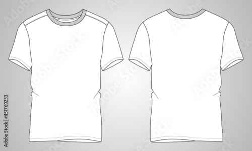 Cotton jersey Regular fit Short sleeve T-shirt technical Sketch fashion Flat Template With Round neckline. Vector illustration basic apparel design front and Back view. Easy edit and customizable.