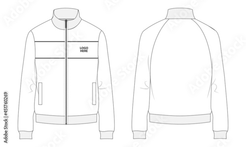 Cotton jersey fleece jacket technical fashion Flat sketch Vector illustration template Front and back views. Flat apparel Sweater Jacket mock up Isolated on white background. photo