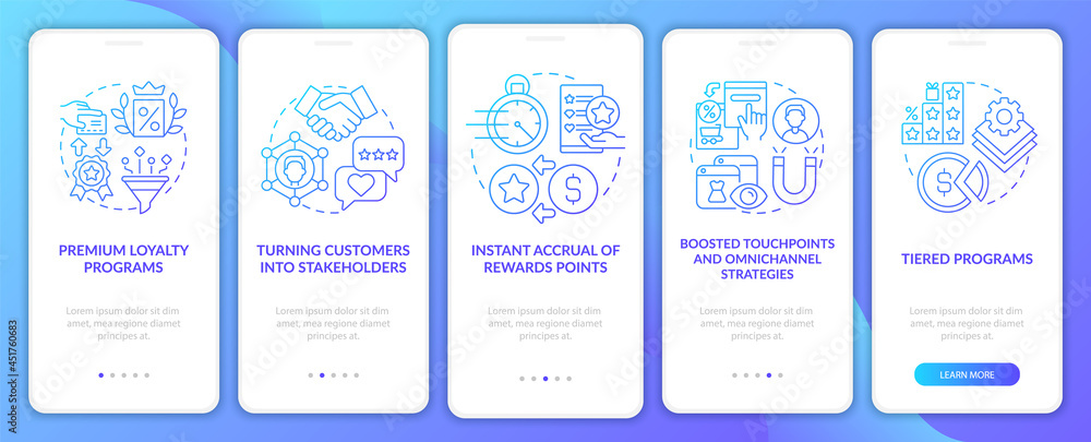 Loyalty program tendencies blue gradient onboarding mobile app page screen. Walkthrough 5 steps graphic instructions with concepts. UI, UX, GUI vector template with linear color illustrations