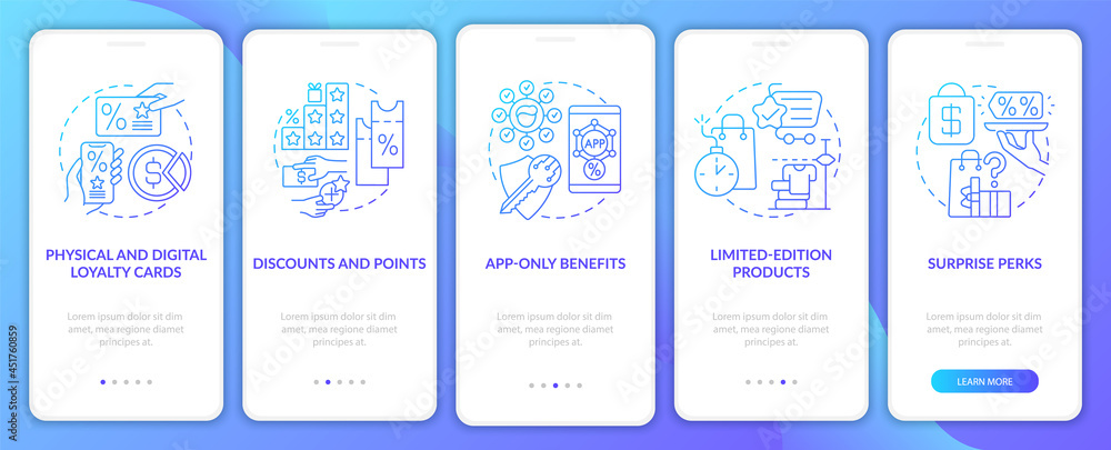 Groceries loyalty program ideas blue gradient onboarding mobile app page screen. Walkthrough 5 steps graphic instructions with concepts. UI, UX, GUI vector template with linear color illustrations